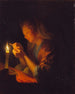 Pige, der tager en nål i lys af stearinlys - Godfried Schalcken — visning af kunstværket