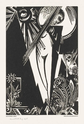 Gottfried Graf - Staande vrouw zon maan en bloemen.webp