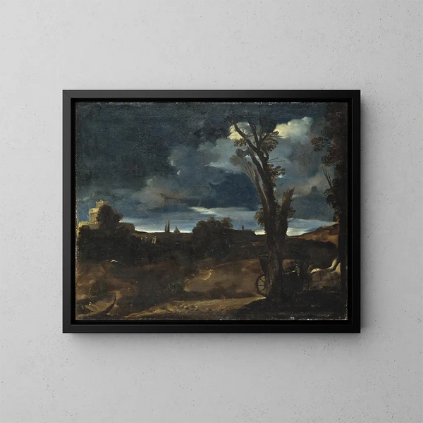 Landskabsmaleri ved måneskin - Guercino — indrammet kunstværk på væggen
