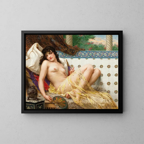 Odalisque med vifte - Guillaume Seignac — indrammet kunstværk på væggen