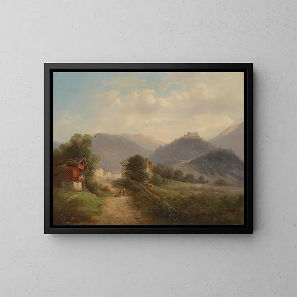 Vue sur la forteresse de Hohenwerfen dans le Pongau - Gustav Barbarini — indrammet kunstværk på væggen