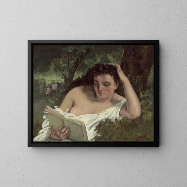 En ung kvinde læsende - Gustave Courbet — indrammet kunstværk på væggen
