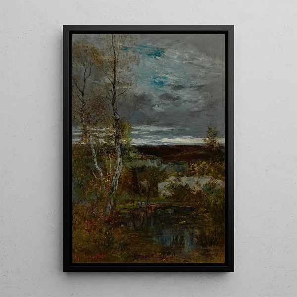 hjort ved dammen - Gustave Courbet — indrammet kunstværk på væggen