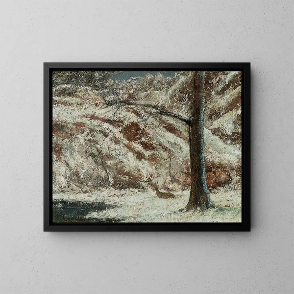 Hjort i sneen i skoven - Gustave Courbet — indrammet kunstværk på væggen