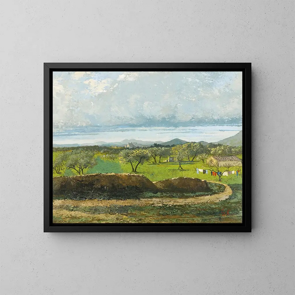 Landskab med væg og frugtplantage - Gustave Courbet — indrammet kunstværk på væggen