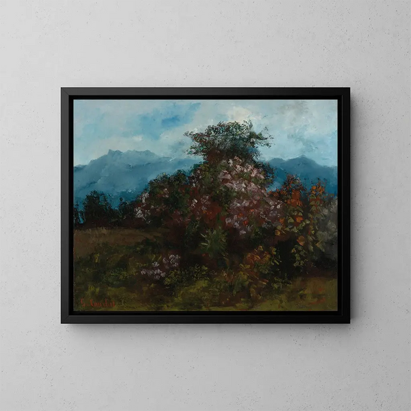 Landskab med blomstrende bjerg - Gustave Courbet — indrammet kunstværk på væggen
