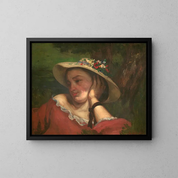 Kvinde med blomster på sin hat - Gustave Courbet — indrammet kunstværk på væggen