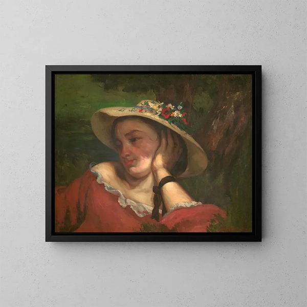 unge piger ved bredden af Seinen, fragment af et maleri - Gustave Courbet — indrammet kunstværk på væggen