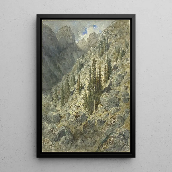 En alpin dal med træer og klipper - Gustave Doré — indrammet kunstværk på væggen
