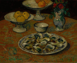 naturmørke med østers, frugt og blomster - Gustave Loiseau — visning af kunstværket