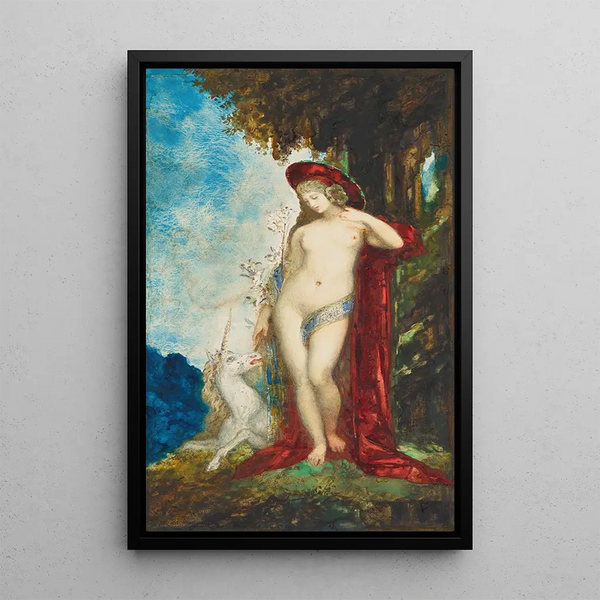 Kvinde og enhjørning - Gustave Moreau — indrammet kunstværk på væggen