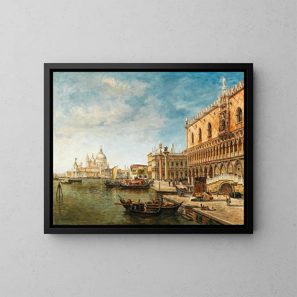 En udsigt over Venedig med Dogepaladset og Punta della Dogana i det fjerne - Gustave Walckiers — indrammet kunstværk på væggen