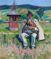 Highlander-maleri med en bandura mod baggrund af landskab - Gustav Pillati — visning af kunstværket