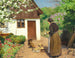 Hans Andersen Brendekilde - Gæs fodres foran det kalkede bondehus en sommerdag — visning af kunstværket