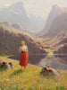 Sommer ved den norske fjord: Pige, der vender hjem med en rive og en kasse - Hans Andreas Dahl — visning af kunstværket
