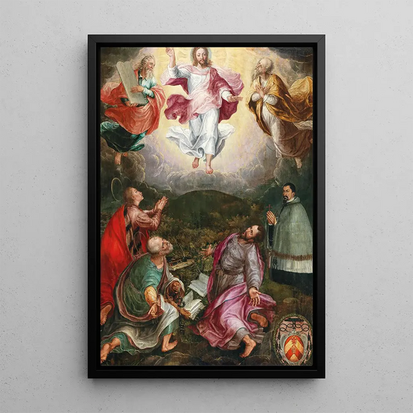 maleriet Transfigurationen af Kristus på Tabor-bjerget med profeterne Elias og Moses, helgenerne Johannes, Peter og Jakob, samt donatoren Jacob Rassler - Hans Caspar Memberger — indrammet kunstværk på væggen