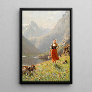 Hans Dahl - A young girl with a basket in the mountains.webp