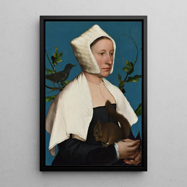 En dame med en egern og en stær - Hans Holbein den Yngre — indrammet kunstværk på væggen