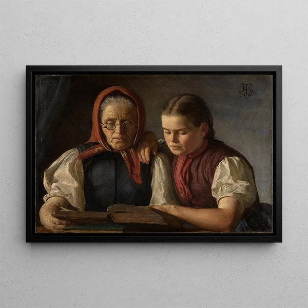 Mor og søster af kunstneren, der læser Bibelen - Hans Thoma — indrammet kunstværk på væggen