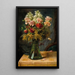 En buket blomster med tulipaner og nelliker i en glasvase med sommerfugl - Hans Zatzka — indrammet kunstværk på væggen
