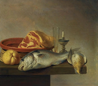 Harmen Steenwyck - Still Life With A Ham A Fish A Candle And Other Objects Arranged On The Edge Of A Tabletop.webp