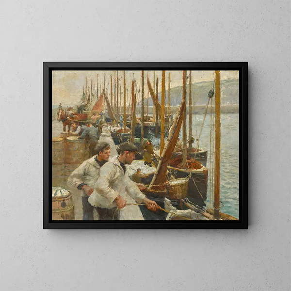 Bateaux de pêche à Newlyn - Harold Harvey — indrammet kunstværk på væggen