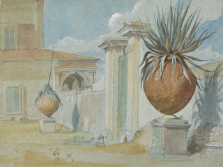 Villa Massimi, porte de Rome flankeret af palmer i store lerkrukker - Harry John Johnson — visning af kunstværket