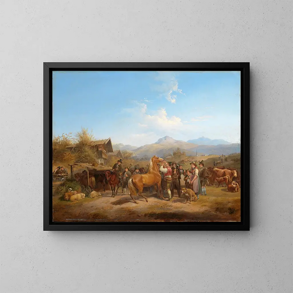 Heinrich Marrs Maleri "Marché aux chevaux en Tyrol" — indrammet kunstværk på væggen