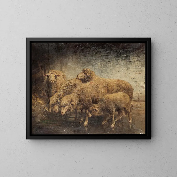 Moutons dans une grange - Heinrich von Zügel — indrammet kunstværk på væggen