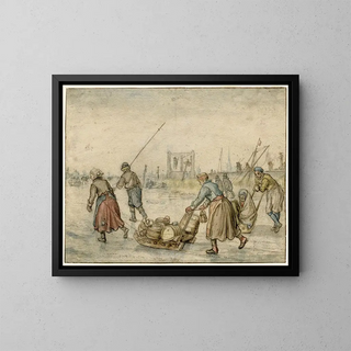 Vinterlandskabsmaleri med to kvinder og en kælk og andre figurer på isen, en galge i det fjerne - Hendrick Avercamp — indrammet kunstværk på væggen