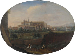 Vue de Rome depuis un jardin, regardant vers le sud en direction de San Giovanni in Laterano, vue de derrière - Hendrick Frans van Lint — visning af kunstværket