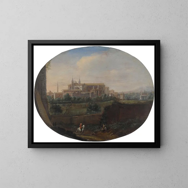 Vue de Rome depuis un jardin, regardant vers le sud en direction de San Giovanni in Laterano, vue de derrière - Hendrick Frans van Lint — indrammet kunstværk på væggen