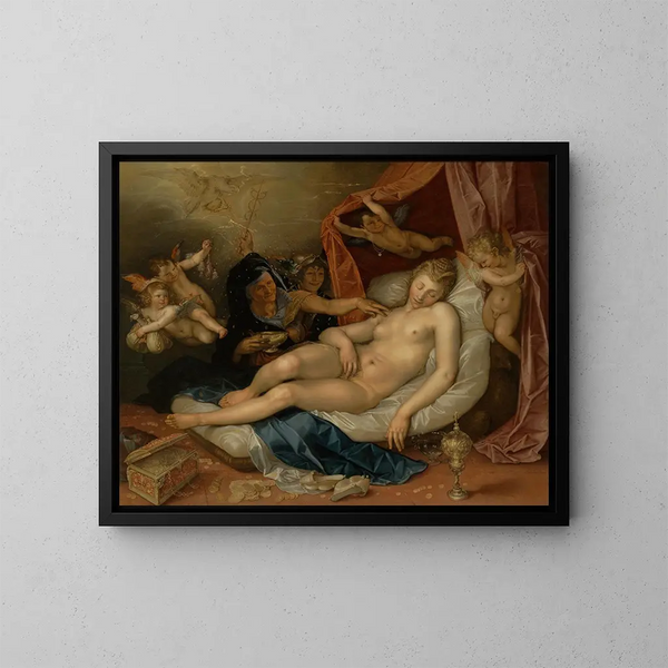 La Danaé endormie, klar til at modtage Jupiter - Hendrick Goltzius — indrammet kunstværk på væggen