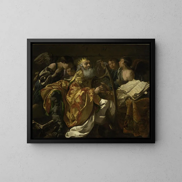 Le roi David jouant de la harpe parmi des anges - Hendrick Ter Brugghen — indrammet kunstværk på væggen