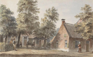 Hendrik Abraham Klinkhamer - Dorpsgezicht met links twee mannen leunend tegen een hekwerk.webp