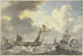 Mer agitée, de nombreux navires sortent, à droite un bateau de pêche tire un filet - Hendrik Kobell — visning af kunstværket