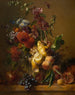 Naturtro med dahlias, stokroser og andre blomster i en glasvase - Hendrik Reekers — visning af kunstværket