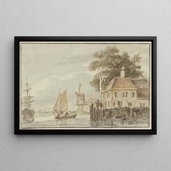 Hendrik Spilman - Haus am Wasser und Windmhle dabei mehrere Schiffe.webp
