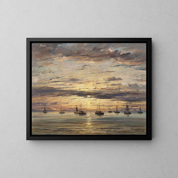 Solnedgang i Scheveningen, en flåde af fiskerbåde for anker - Hendrik Willem Mesdag — indrammet kunstværk på væggen