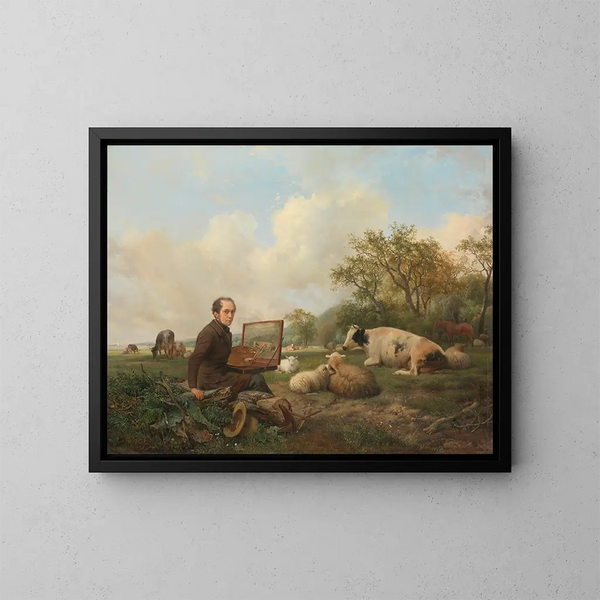 L kunsttryk af kunstneren, der maler en ko på en eng - Hendrikus van de Sande Bakhuyzen — indrammet kunstværk på væggen