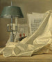 et stilleben med en lampe bouillette, en partitur, en violin eller en cistre og et satinstof af hvidt på en stenrand - Henri-Horace Roland Delaporte — visning af kunstværket