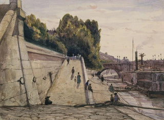 Les Bains de la Samaritaine, la Seine sur le quai du Louvre, 1er arrondissement - Henri-Joseph Harpignies — visning af kunstværket