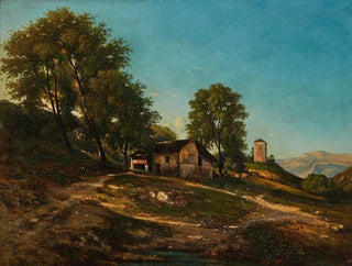 Sommerlandskabsmaleri med gård - Henri-Joseph Harpignies — visning af kunstværket