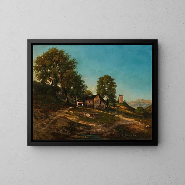 Sommerlandskabsmaleri med gård - Henri-Joseph Harpignies — indrammet kunstværk på væggen