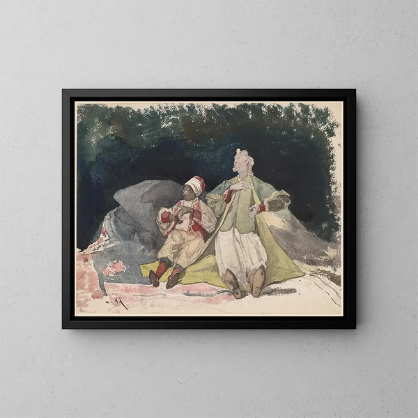 et maleri med to dukker eller marionetter siddende på puder - Henri-Joseph Harpignies — indrammet kunstværk på væggen