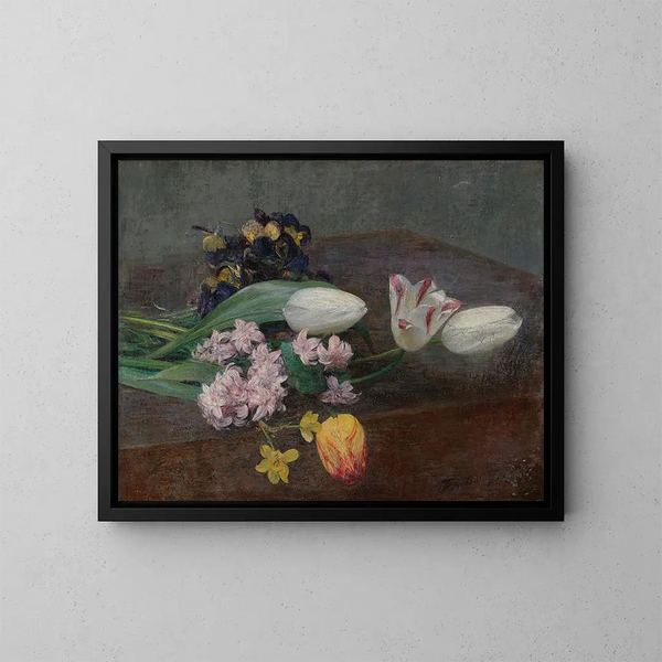 Jacinthes, tulipaner og stemorsblomster placeret på et bord - Henri Fantin-Latour — indrammet kunstværk på væggen