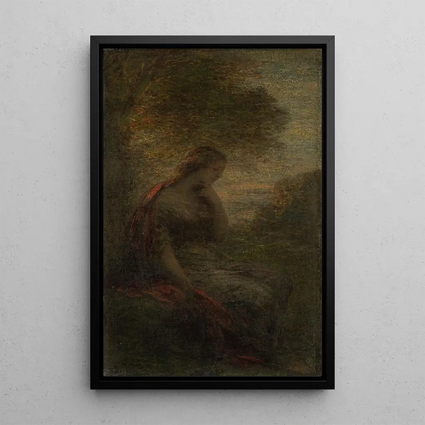 en ung kvinde under et træ ved solnedgang, kaldet Efterår - Henri Fantin-Latour — indrammet kunstværk på væggen