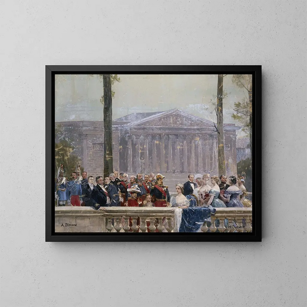 den kejserlige familie omgivet af mange personligheder fra det andet imperium foran Palais Bourbon - Henri Gervex — indrammet kunstværk på væggen