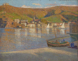 Cinq fiskere og deres flådes strandede på stranden i Collioure - Henri Martin — visning af kunstværket