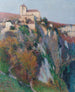 kirken Saint-Cirq-Lapopie, der ligger på klippen ved Lot-flodens bugt, med blå himmel - Henri Martin — visning af kunstværket